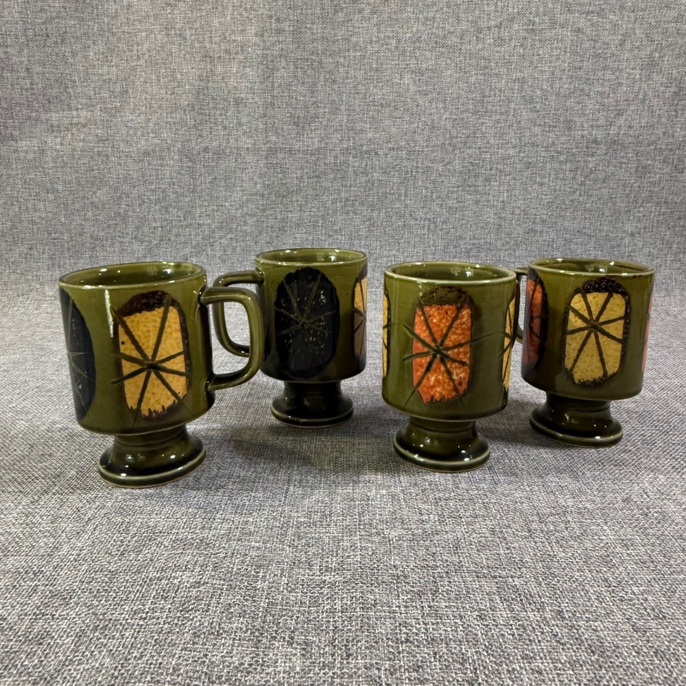 VTG Footed Mugs Set 4 Olive Green MCM Geometric Starburst Retro Boho 70s Atomic